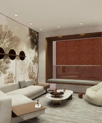 This 3D design for a living room features a beautiful nature-themed wallpaper, a comfortable L-shaped sofa, and a cozy window seat, creating a relaxed and inviting atmosphere.
