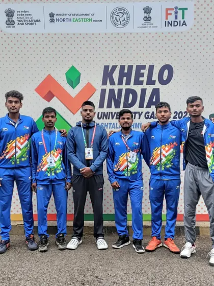 The men's university team, featuring our players Maan and Sajal Kesarwani, at the Khelo India University Games.