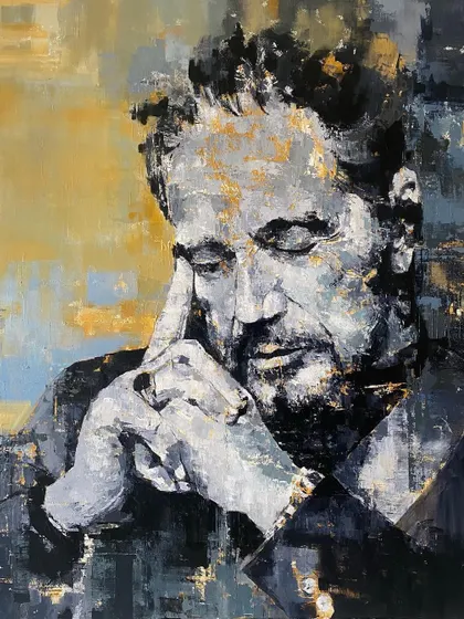 The Al Pacino piece, 'Plato's Discourse', seen from a slight angle. This view shows the thickness of the paint and the physical presence of the artwork.
