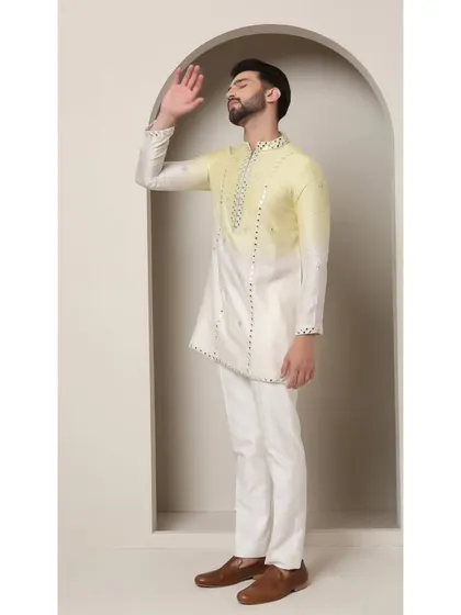 A full-length view of the 'Zesty Leamon' kurta. The asymmetrical hemline and crisscross embroidery add a modern twist to the classic kurta silhouette.