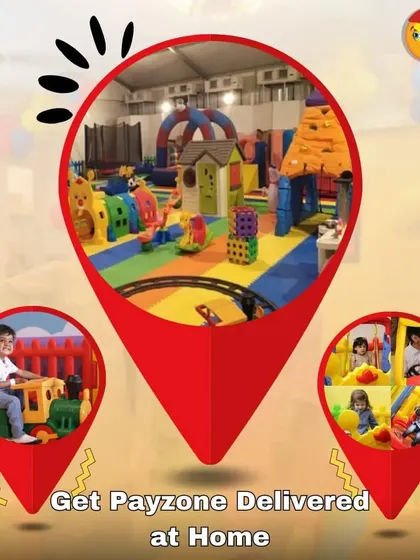 Get a playzone delivered at home. This graphic uses a location pin to show that I can bring the fun right to your doorstep, featuring a large indoor setup and close-ups of kids playing.