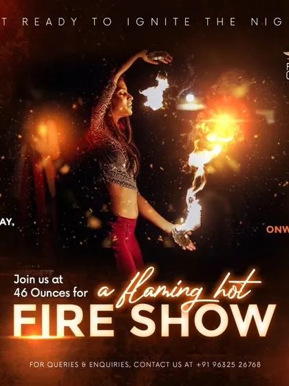 A promotional poster for a flaming hot fire show at 46 Ounces. These flyers help get the word out and build excitement for our public performances.