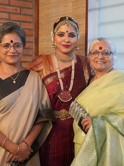 Dancer Vinita Radhakrishnan with her mentors after her "Rasa Yatra" performance. We are a space that honors the guru-shishya parampara and the lineage of art.