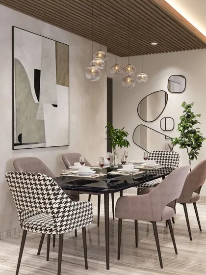 The dining area adjacent to the living room features houndstooth-patterned chairs and a gallery of organic-shaped mirrors, adding a touch of playful modernism.