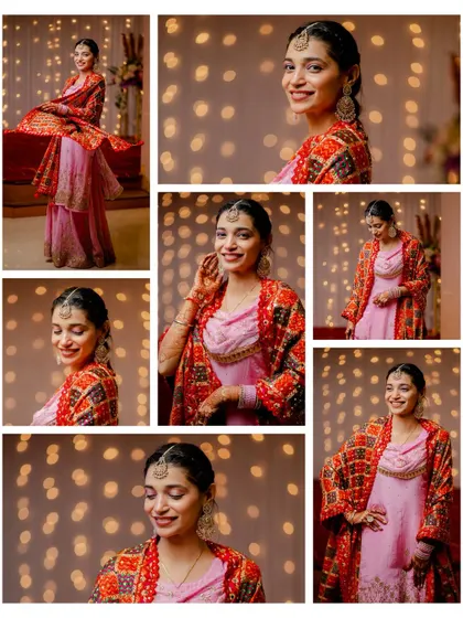 This collage captures the bride's vibrant energy during the Jaggo night. Her colorful Phulkari jacket and joyful expressions tell a story of celebration.