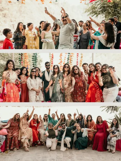 A collage of group photos from a fun-filled mehndi. These images showcase the energy and happiness of the friends and family who came to celebrate.