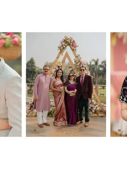 A collage showing the couple's loving embrace and a beautiful portrait of the mother of the bride, capturing the family's joy.
