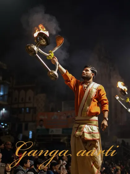 A collection of images from the Ganga Aarti ceremony at different ghats. They showcase the synchronized movements, the brilliant fire, and the spiritual atmosphere of the evening prayer.