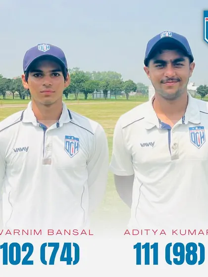 Celebrating the twin centuries by Aditya Kumar (111) and Swarnim Bansal (102). Their partnership was a joy to watch.