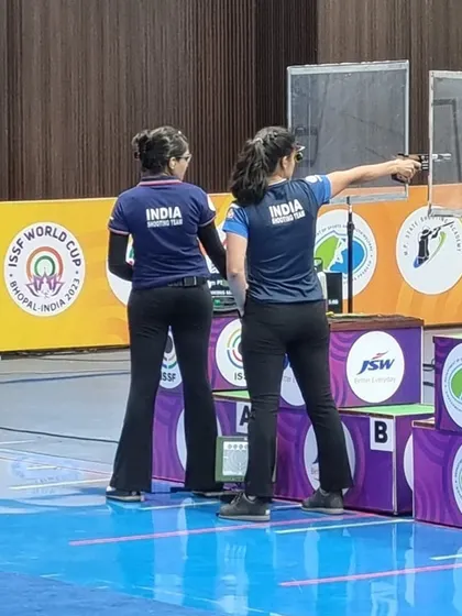 Indian shooters in action during the 25m Pistol event at the ISSF World Cup in Bhopal.
