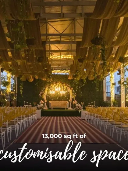 Welcome to your dream wedding setting. This is our Sky Terrace, a 13,000 sq ft customizable space ready to be transformed for your grand celebration, complete with elegant drapery, sparkling chandeliers, and seating for up to 600 guests.