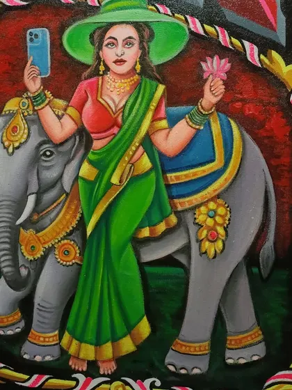 A modern take on a traditional theme: a woman in a saree with an elephant, holding a smartphone. This piece was a custom commission that blends the old and the new.