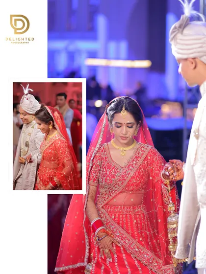 A collage showing the bride and groom during their wedding rituals, focusing on the bride's expressions and the traditional elements of the ceremony.