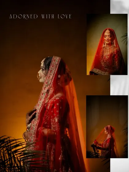 A collage of a bride in her red lehenga, with warm, golden lighting creating a regal and ethereal mood.
