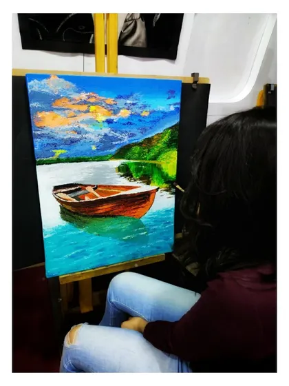 Sitting back to admire the progress on my boat landscape painting. It's a rewarding part of the process to see the image emerge from the canvas.