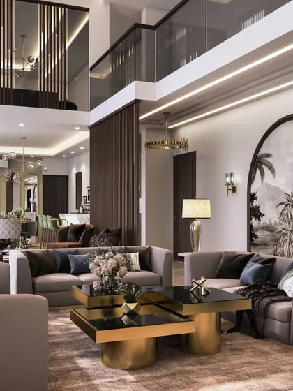 Day and night views of a double-height living and dining area. These renders show how the space transforms, with the night view highlighting the artificial lighting scheme and creating a more intimate mood.