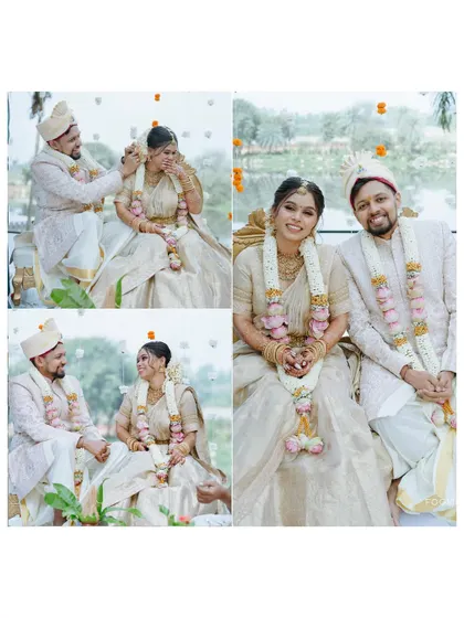 A collage of sweet and candid moments from a South Indian wedding, showing the couple's joy and connection.