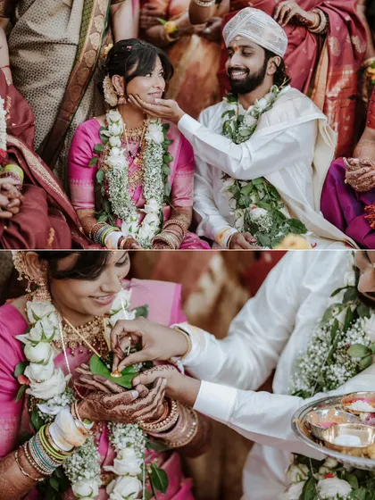 A diptych of tender moments during the ceremony, including the groom caressing the bride's cheek.