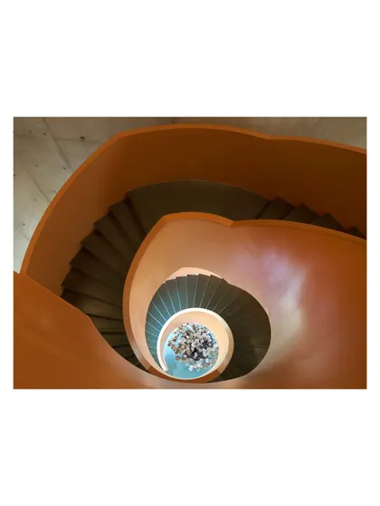 A top-down view of a spiral staircase, creating a mesmerizing vortex of color and form. This perspective highlights the pure geometry and rhythm that a well-designed staircase can bring to a project.
