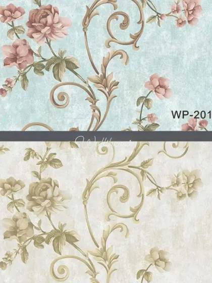 Two color options for a classic floral scroll wallpaper, one in blue and one in beige.