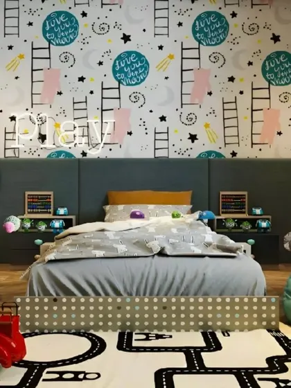 This fun kid's room features a road-themed carpet and a chalkboard wall for creative expression. The playful wallpaper and beanbag chair make it a great space for both rest and play.