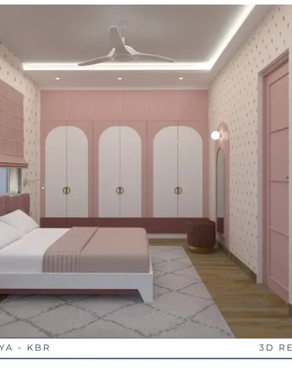 A Dreamy Pink Room Comes to Life: From a playful mood board of pinks and golds to detailed 3D renders, see how we brought this whimsical kid's bedroom to life. The final room, with its arched wardrobe details and integrated study, is a perfect match to the initial vision.