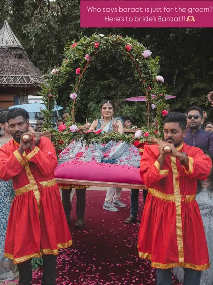 Who says the Baraat is just for the groom? We believe the bride deserves her own grand entrance. For Supreetha, we designed a royal carriage, allowing her to be carried in like a princess, showered with petals by her loved ones.