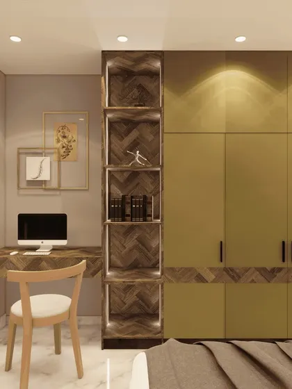 A hinged wardrobe design with a herringbone wood pattern and mustard-yellow shutters. The integrated desk and shelving create a cohesive and stylish workspace.