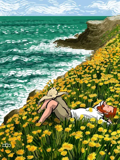 A moment of peaceful surrender. The artist lies in a field of yellow flowers by the sea, his cat resting on his chest, both gazing at the sky. It’s about finding solace and inspiration by immersing oneself in nature.