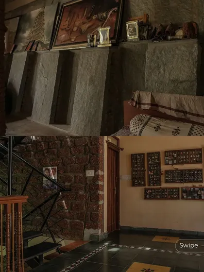 A collage of interior details from the Padmaja Rao Residence, including a rugged stone wall with built-in niches and a collection of miniature art, showcasing the home's artistic and rustic charm.