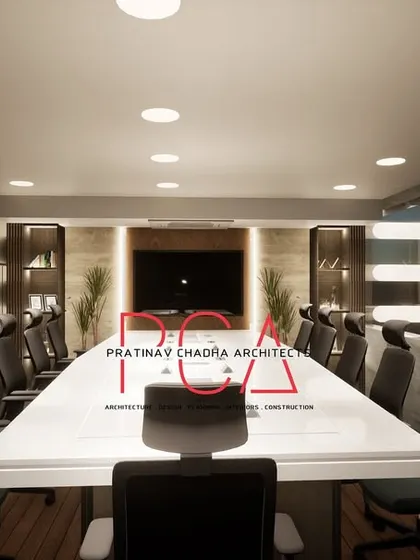 A frontal visualization of the Narela conference room, showing the full length of the conference table and the planned lighting scheme.