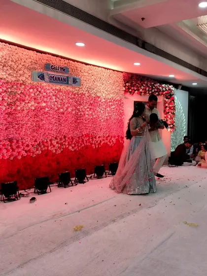 The stage is set for the big reveal. Here, the new parents are on stage just before announcing their baby's name to friends and family.