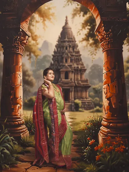 A mother, a goddess, a creator of life. This frame is a tribute to the divine essence of motherhood, draped in tradition against a temple backdrop.