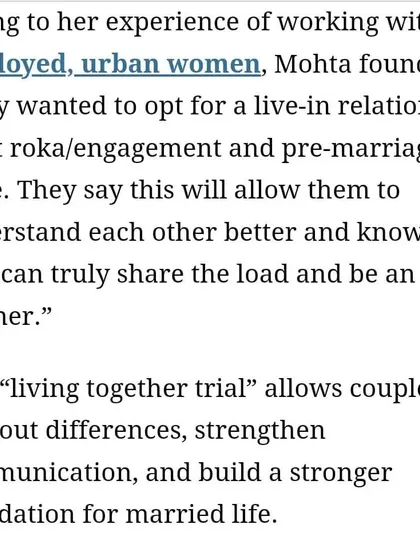 In The Indian Express, I shared my experience that many employed, urban women want to try a live-in relationship post-roka to see if their partner can truly share the load and be an equal partner.