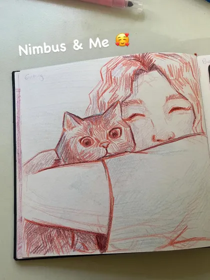 A quick sketch of me hugging my cat, Nimbus. Drawing every day helps me practice and push my creative boundaries, even if it's just a simple doodle in my sketchbook.