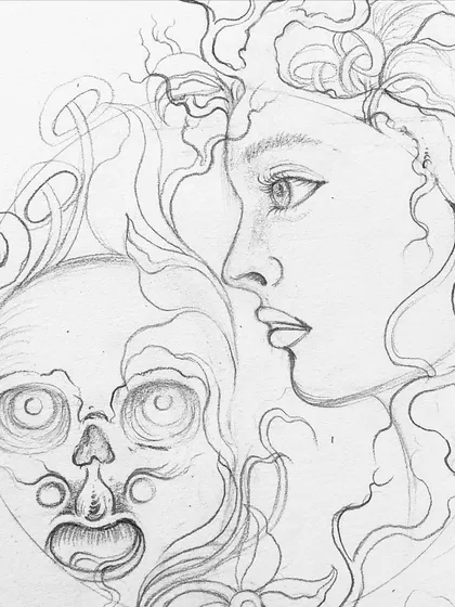 An early pencil sketch for the woman and skull piece.