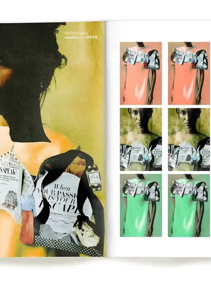A creative layout showing a primary portrait next to a grid of repeating, color-altered images. This design references Andy Warhol and pop art, commenting on the mass production of fashion imagery.
