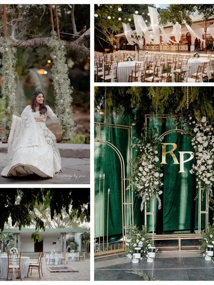 A beautiful collage showcasing the key elements of a nature-inspired Sangeet: the bride on a floral swing, the elegant seating, and the stunning green and white stage decor.