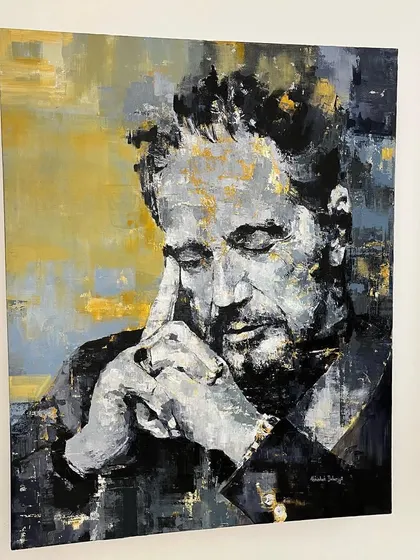 The 'Plato's Discourse' painting on display. It's a powerful piece that combines classical portraiture with modern abstract techniques.