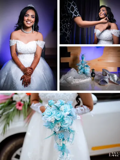 A collage showing the bride getting ready for her white wedding, along with details of her shoes, bouquet, and accessories.