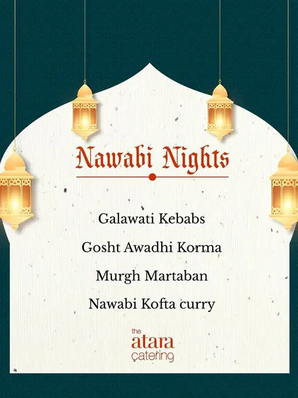 A menu card for a "Nawabi Nights" themed event. This theme focuses on rich and royal Mughlai dishes like Galawati Kebabs and Gosht Awadhi Korma.
