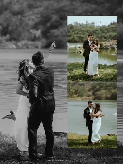 A creative collage combining color and black and white images of the couple by the lake, highlighting the playful and romantic moments of their shoot.