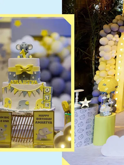 Details from Amartya's party, including the themed cake and a lighted archway.