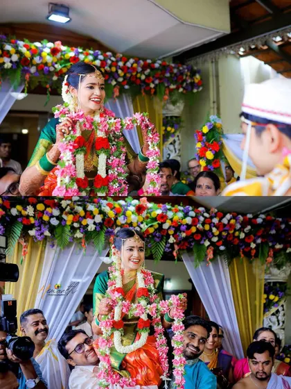 The Kanyādāna, where the bride is carried by her brothers, is a visually stunning and emotional moment. I position myself to capture the bride's joyful expression as she sees her groom.