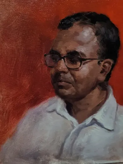 A detailed oil portrait study. Capturing the subtle expression and the way light reflects off glasses is a challenge I enjoy in portraiture.