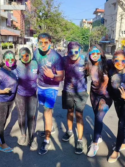 The fun continues after the run with some Holi colors. We always find a way to add an element of celebration to our fitness activities.