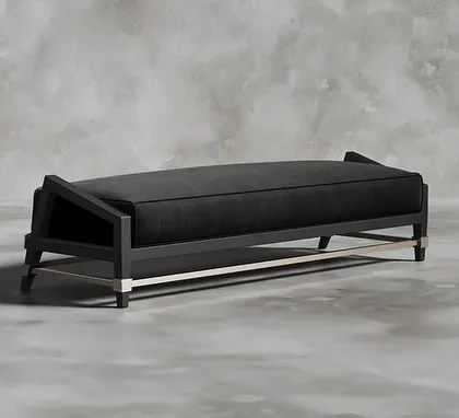 Introducing the epitome of lavishness and sophistication. This bench features a sleek, angular black wood frame, a plush black cushion, and contrasting metal details on the stretcher and feet.