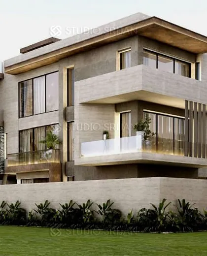 This large 631 sq. yard residence in South City, Gurgaon, features a sprawling, multi-level design with a mix of stone, wood, and glass, creating a luxurious resort-like feel.