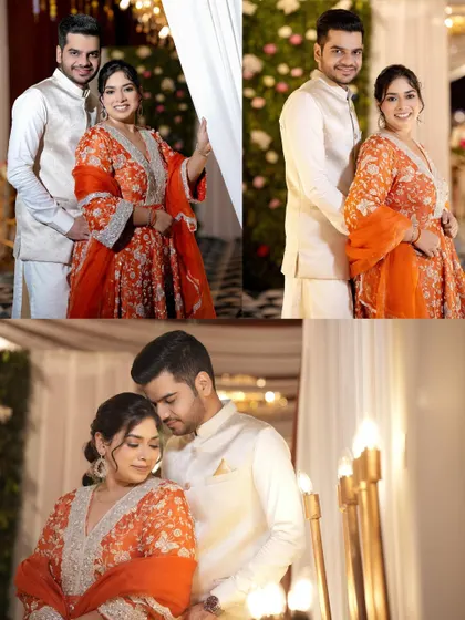 A collection of couple portraits in their beautiful orange and white outfits, capturing both posed and candid interactions.