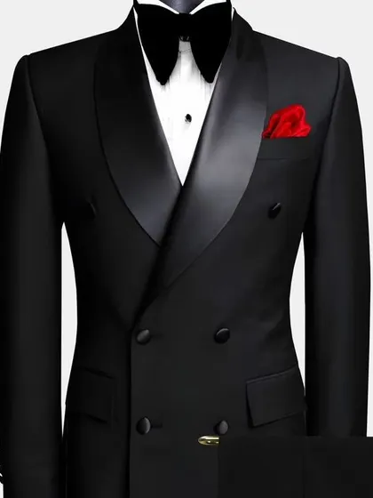 Another angle of our double-breasted black tuxedo. The cut is classic, and the satin lapels give it that essential formal touch.